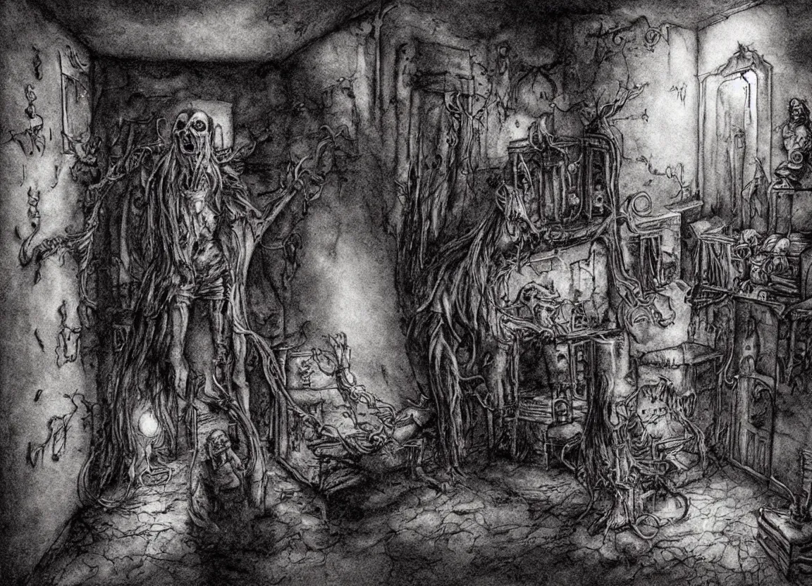 Image similar to a poltergeist inside a creepy haunted house in the style of terese nielsen