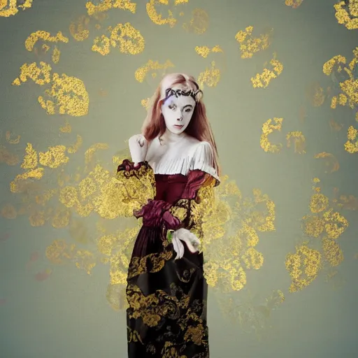 Image similar to 8k, octane render, realism, tonalism, renaissance, rococo, baroque, portrait of a young lady wearing long harajuku manga dress with flowers and skulls standing in a renaissance park, chaotic gold leaf flowers