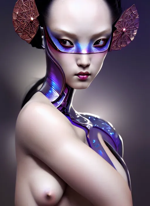 Image similar to organic seductive Geisha cyborg, pearlescent skin, diffuse lighting, fantasy, intricate, elegant, highly detailed, lifelike, photorealistic, digital painting, artstation, illustration, concept art, different full body view, smooth, sharp focus, art by John Collier and Albert Aublet and Leonardo da vinci and Krenz Cushart and Artem Demura and Alphonse Mucha