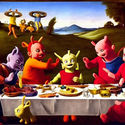 Image similar to renaissance painting of the teletubbies at final supper, long table, drinking, eating