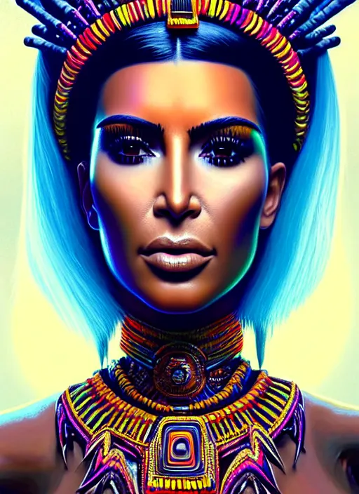 Image similar to portrait of kim kardashian, hyper detailed ultra sharp aztec shaman warrior. trending on artstation, warpaint aesthetic, bloodwave, colorful, psychedelic, ornate, intricate, digital painting, concept art, smooth, sharp focus, illustration, art by artgerm and greg rutkowski and h. r. giger, 8 k