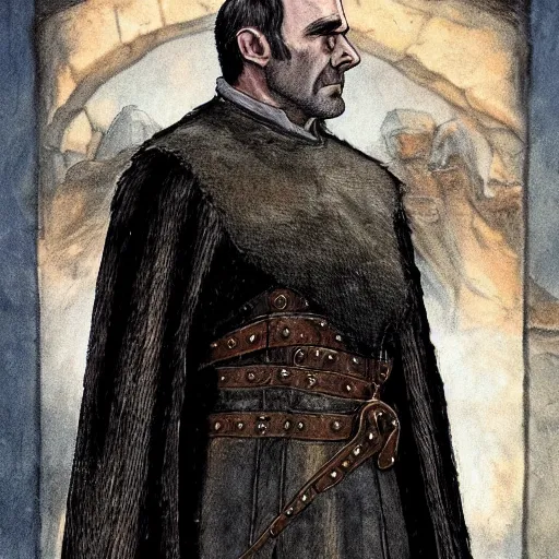 Prompt: Stannis is a large man, tall, broad-shouldered, and sinewy. He has dark blue eyes and a heavy brow. His head has only a fringe of black hair like the shadow of a crown, and he has a close-cropped beard across his large jaw. His face has a tightness to it like cured leather, and he has hollow cheeks, and thin, pale lips. He grinds his teeth regularly.