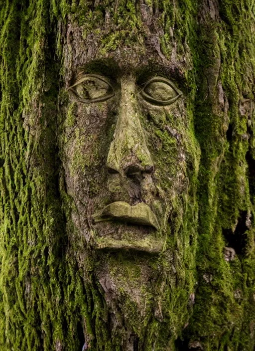 Prompt: photograph of hyperrealistic detailed ancient face in the shape of a tree covered with bark and moss, in a mysterious forest