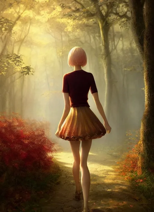 Image similar to young woman walking in short rose skirt : : magic forest mushrooms nature : : weta disney pixar movie still photo : : decadent highly - detailed digital painting, full length shot, golden ratio, octane render, artstation, smooth, sharp focus, artgerm, mucha, loish, wlop, gogo