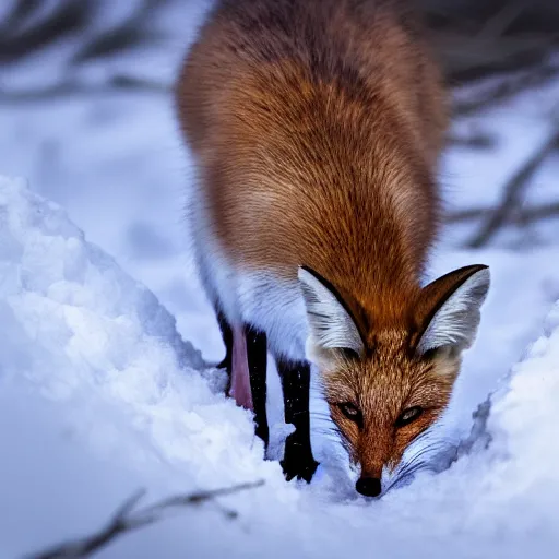 Prompt: mouse mixed with a fox searching for food in the snow, macro shot, soft light of winter, award winning photo, national geographic,