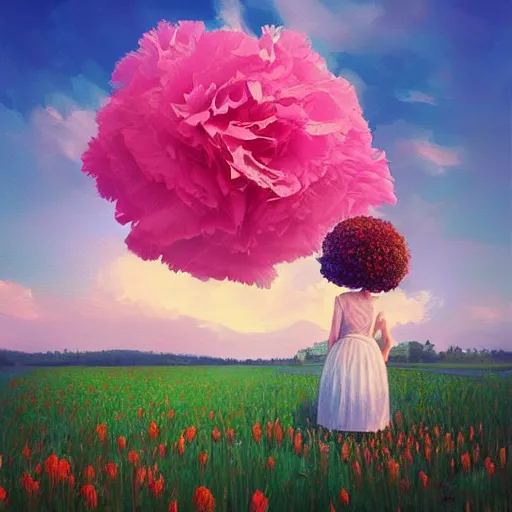 Image similar to girl with a giant carnation head, surreal photography, flower field, sunset dramatic light, impressionist painting, colorful clouds, blue sky, digital painting, artstation, simon stalenhag