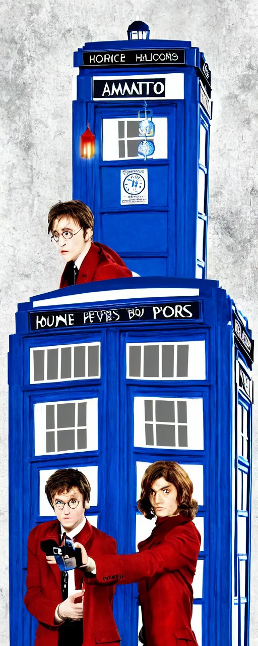 Image similar to a poster for a movie called humanity savers, showing harry potter and dr. who in front of tardis blue phone booth, vivid colors, high resolution, 8 x