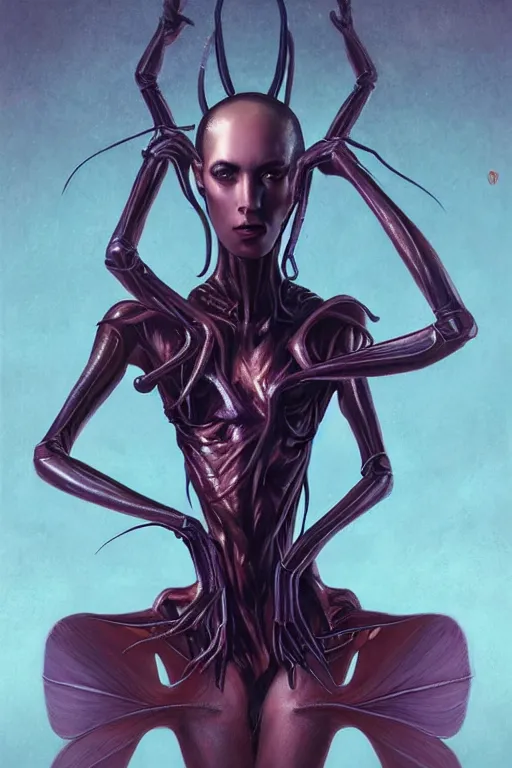 Image similar to portrait of an elegant alien spider queen, long legs, many legs, spindly legs, full body character concept art, by artgerm, tom bagshaw, gerald brom, vaporwave colors, lo - fi colors, vaporwave, lo - fi, moody vibe, goth vibe, 4 k, hd,