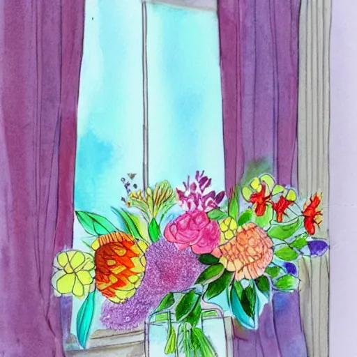 Prompt: a fancy vase with a colorful and beautiful flower arrangement by the fancy window. very stylize and delicate watercolor and pencil drawing. beautiful lighting, 4 k post - processing, trending in art station, cg society, highly detailed, 5 k extremely detailed