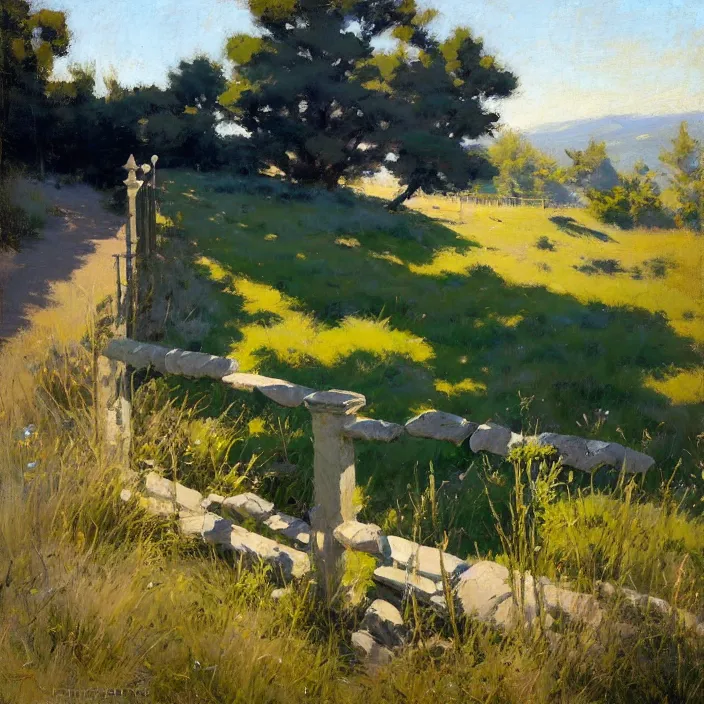 Prompt: painting of a stone railing, countryside, calm, sunny day, artwork by jeremy lipkin and giuseppe dangelico pino and michael garmash and rob rey and greg manchess and huang guangjian and makoto shinkai, sharp edges, simple form, 1 0 0 mm