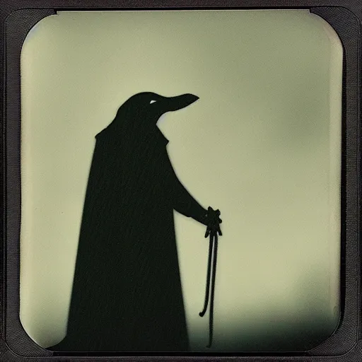 Prompt: polaroid plague doctor staying in front of the anandoned church in the woods, dark, moody, gloomy, foggy