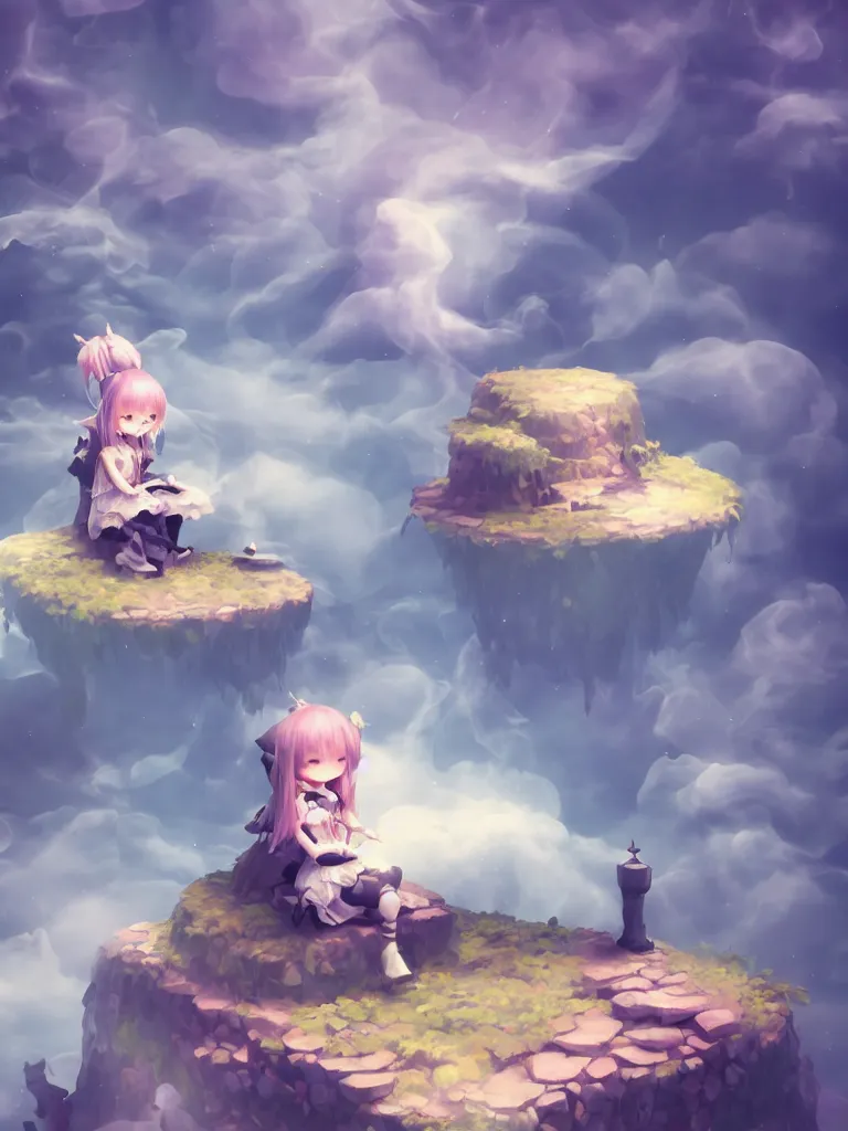 Image similar to cute fumo plush gothic maiden girl sitting on a floating island, isometric projection, wisps of smoke and volumetric fog, vignette, orthographic, vray