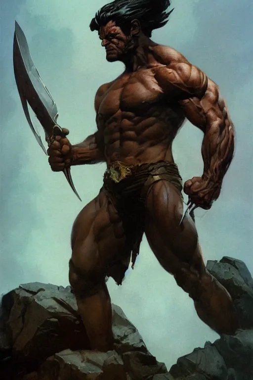 Image similar to mighty wolverine, by Frank Frazetta, Greg Rutkowski, Boris Vallejo, epic fantasy character art, Exquisite detail, post-processing, low angle, masterpiece, cinematic