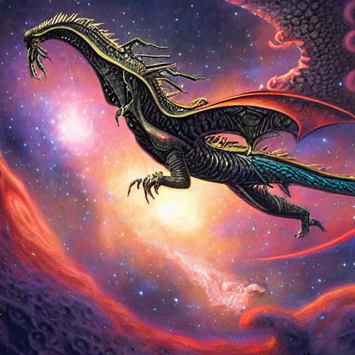 Prompt: a metallic alien dragon flying in outer space, epic nebula, Dan Seagrave art