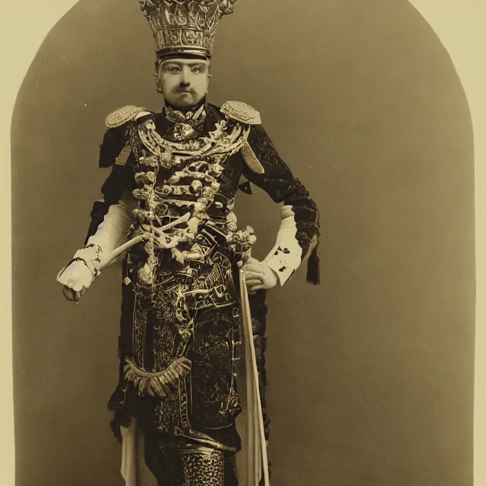 Prompt: portrait of a victorian king in ceremonial outfit, male, crown, detailed face, victorian, highly detailed, cinematic lighting, photograph by elliott & fry