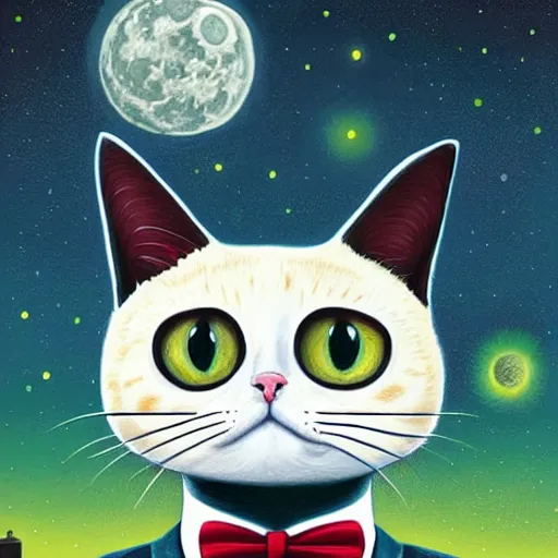 Prompt: portrait illustration of funny brittish cat with big green eyes, in the tuxedo and red tie, space and moon on the background by jeremiah ketner, quint buchholz, wlop, dan mumford