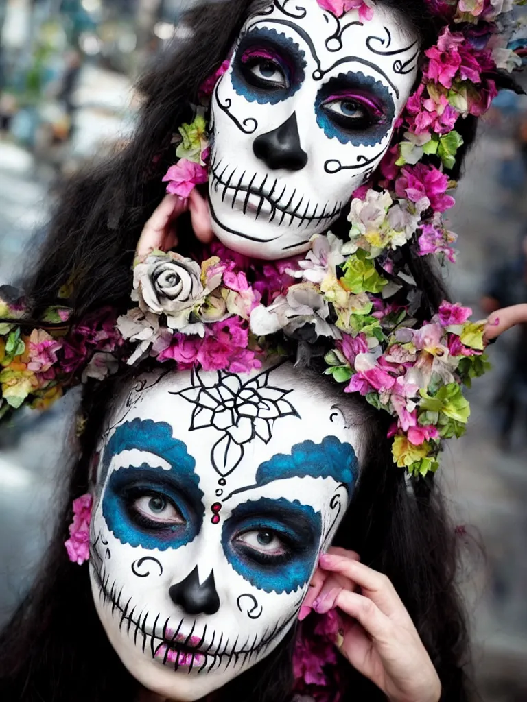 Image similar to a beautiful woman wearing day of the dead make - up, in the style of street art