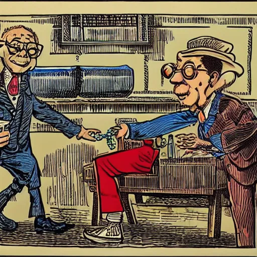 Prompt: an ultra - wealthy landlord with chained slaves by his feet, by robert crumb
