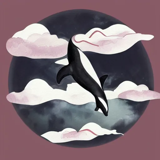 Image similar to “An orca jumping out of a sea of clouds” as digital art, watercolor, and pixel ar