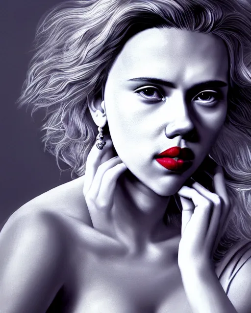 Prompt: highly detailed vfx portrait of scarlett johansson, red lipstick, global illumination, detailed and intricate environment by james jean