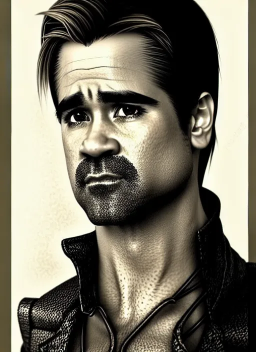 Image similar to colin farrell as a 2 1 st century aristocrat wearing boots, detailed face, d & d, wet, shiny, fantasy, intricate, elegant, hyper detailed, ultra definition, photoreal, artstation, unreal engine rendered, concept art, smooth, sharp focus, illustration, art by artgerm and greg rutkowski and alphonse mucha and garis edelweiss