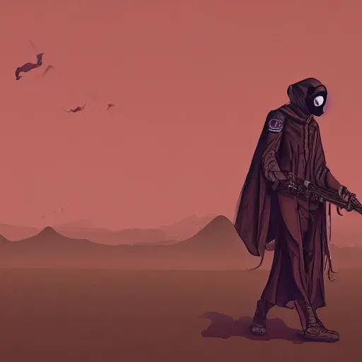 Prompt: a man wearing a long cloak and gasmask, in the desert, album cover, illustrated by Arik Roper, trending on artstation