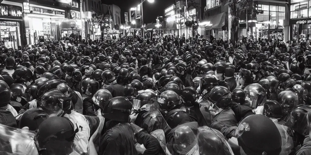 Image similar to crowd of crazy people attacking a crowd of cops in front of stores in lo angeles, photorealism, professional lighting, lighting from streetlights, photo with japanese chill style, conceptual art