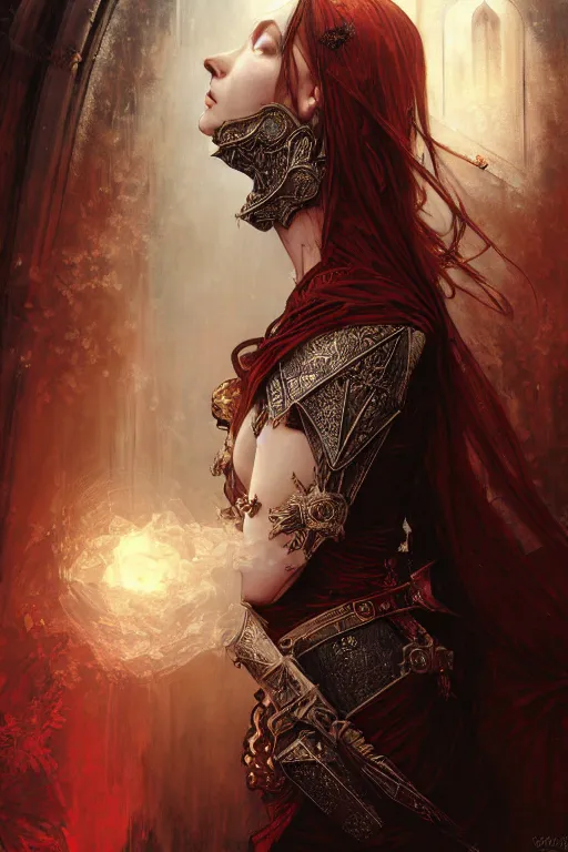 Image similar to beautiful luxury and gothic and victorian and holy medieval female reddish and white color armor knight portrait+smoky eyes+light flowing hair, in ruin gothic cathedral, ultradetail face, art and illustration by tian zi and craig mullins and WLOP and alphonse mucha, fantasy, intricate complexity, human structure, fantasy world concept, watermark, blurry, hyperrealism 8k