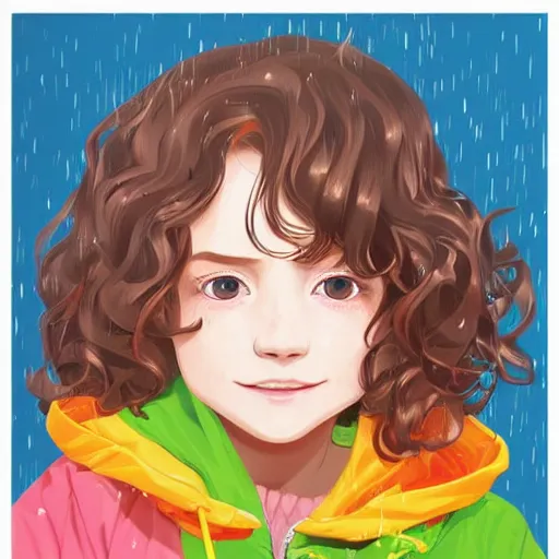 Prompt: a seven year old girl with short wavy curly light brown hair and blue eyes wearing a colorful raincoat in the rain. clean cel shaded vector art by lois van baarle, artgerm, helen huang, by makoto shinkai and ilya kuvshinov, rossdraws, illustration, art by ilya kuvshinov