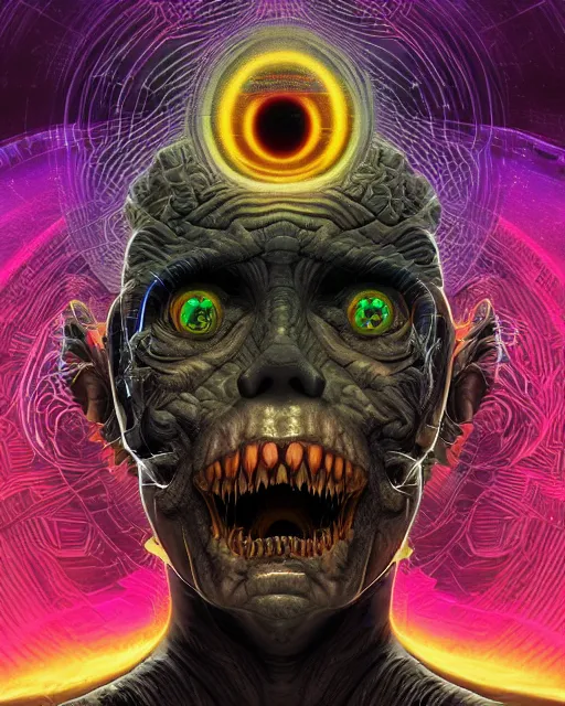 Image similar to 3 d render the menacing creature that crossed the event horizon to steal your soul out of this dimension and into the macabre realm of cosmic horror with profile picture by luis toledo and alex grey and beeple. neosurrealism. digital art, pixel art, concept art, octane render, trending on cgsociety, trending on artstation