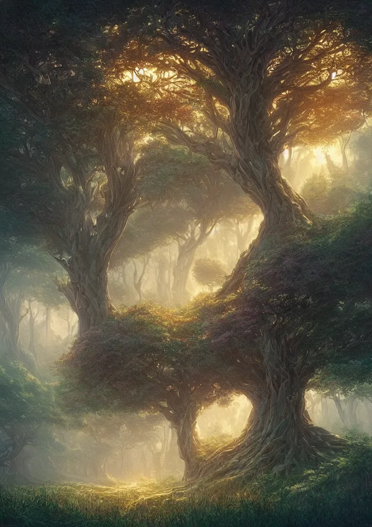 Image similar to beautiful hyper realistic detailed matte painting of fantasy tree of life, hd, hdr, by Moebius and John Howe and Albert Bierstadt and Alena Aenami, ultra detailed, high resolution