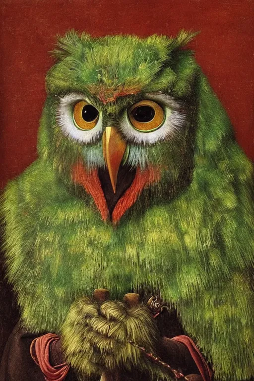 Prompt: portrait of humanoid iridescent green owlbear wearing a loose tunic. an anthropomorphic owlbear. fantasy, oil painting by jan van eyck, northern renaissance art, oil on canvas, wet - on - wet technique, realistic, expressive emotions, intricate textures, illusionistic detail