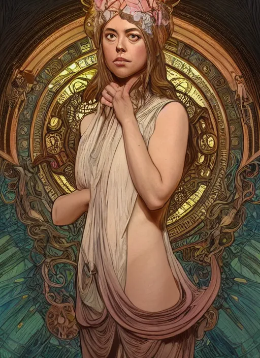 Image similar to Aubrey Plaza as God of Strangeness, cute, fantasy, intricate, elegant, highly detailed, digital painting, 4k, HDR, concept art, smooth, sharp focus, illustration, art by alphonse mucha,artgerm, H R Giger