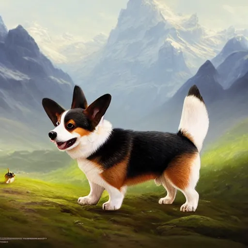 Prompt: cute and silly corgi puppy, hyperrealistic, beautiful mountain background, soft focus, extremely detailed digital illustration by greg rutkowski and artgerm and moebius and simon stalenhag and ruan jia, trending on artstation, award - winning, masterpiece, 8 k