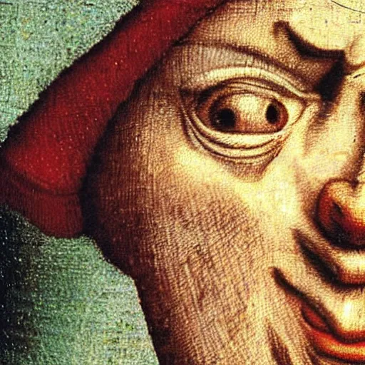 Image similar to close up of Waldo from Where’s Waldo painted by Hieronymus Bosch