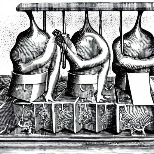 Image similar to gelatinous cubes being processed into magic items with the juice made from their bodies, d & d, industry magazine photo from the year 1 1 8 9