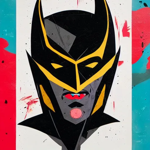 Image similar to Vampiric Batman by Mimmo Rotella , dark vibes, Organic Painting , Matte Painting, geometric shapes, hard edges, graffiti, street art:2 by Sachin Teng:4