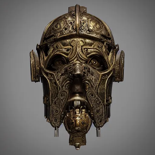 Image similar to an ominous dark ancient mask. hyper - detailed. steampunk baroque. symmetric. epic. unreal render.