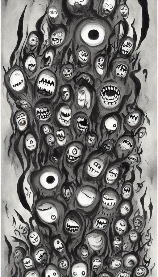 Image similar to a storm vortex made of many demonic eyes and teeth, by charles addams