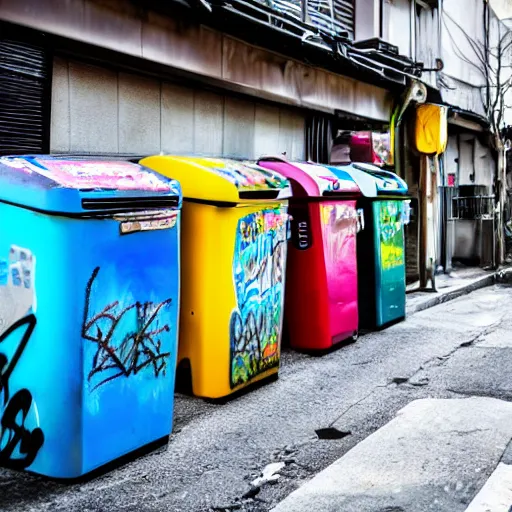 Image similar to A trashcan full of graffiti stands in the middle of an atmospheric Japanese street, a lot of broken computers and televisions