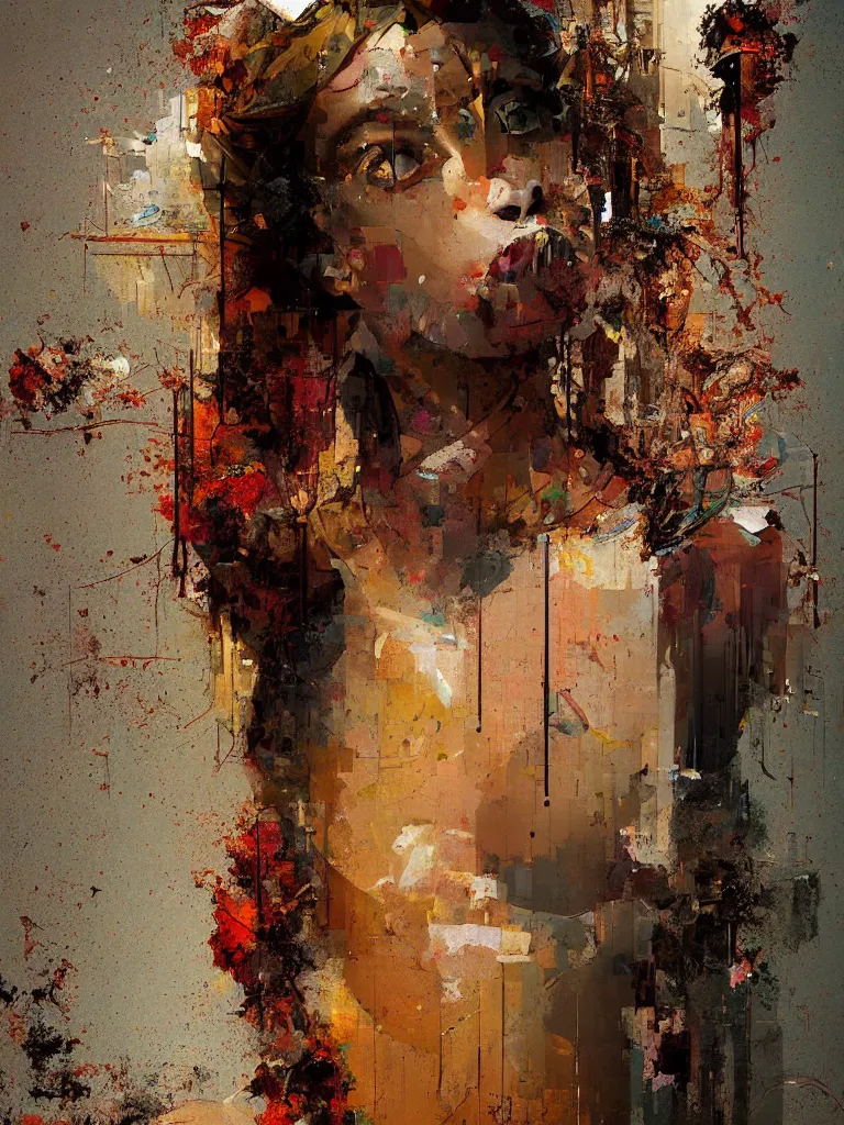 Image similar to a beautiful painting by robert proch and christian hook of a woman in a glitched bathroom, metal rust and plaster materials, pixel sorting, color bleeding, brushstrokes by jeremy mann