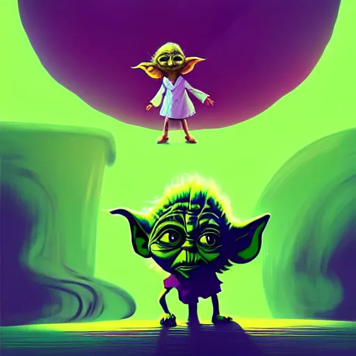 Prompt: curled perspective digital art of curly brown hair girl playing ball with yoda by anton fadeev from nightmare before christmas