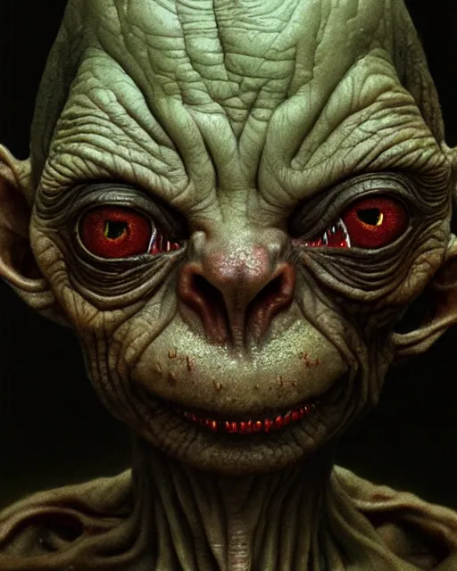 Image similar to gollum smeagol grotesque, ultra detailed, ultra realistic, by beksinski, alejandro jodorowsky, giger, greg rutkowski, carne griffith trending on artstation, deviantart, photorealism