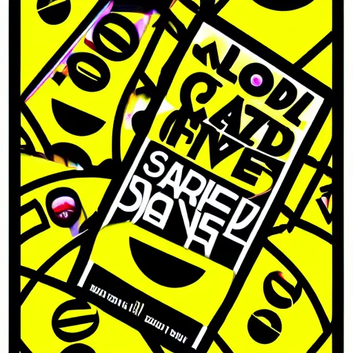 Image similar to acid house rave flyer, poster, smiley face, florescent yellow and black