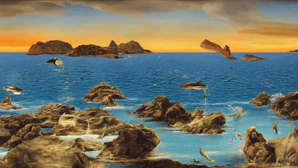 Image similar to High-Quality surrealist painting of Cap de Creus with dolphins at dawn, peaceful, very detailed, oil painting by Salvador Dalí.