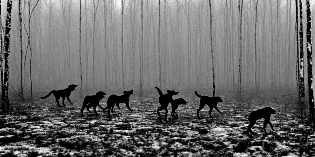 Prompt: movie still by tarkovsky crowd of hunter and crowd of dogs running 3 in a swamp snowy with birch forest backround, cinestill 8 0 0 t 3 5 mm b & w, heavy grain, high quality, noir, natural textures, photorealistic, ambient occlusion, hd, dof, mud, fog