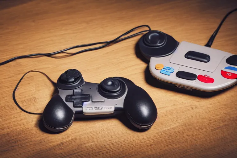 Prompt: closeup potrait of nintendo 64 controller on a table , photograph, natural light, sharp, detailed face, magazine, press, photo, Steve McCurry, David Lazar, Canon, Nikon, focus