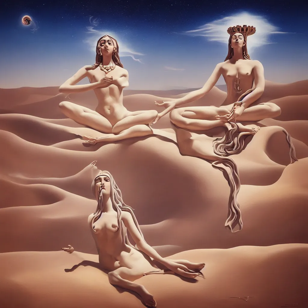 Prompt: goddess meditating in desert, in the style of dali, oil on canvas, masterpiece, trending on artstation, featured on pixiv, cinematic composition, beautiful lighting, sharp, details, hyper - detailed, hd, hdr, 4 k,