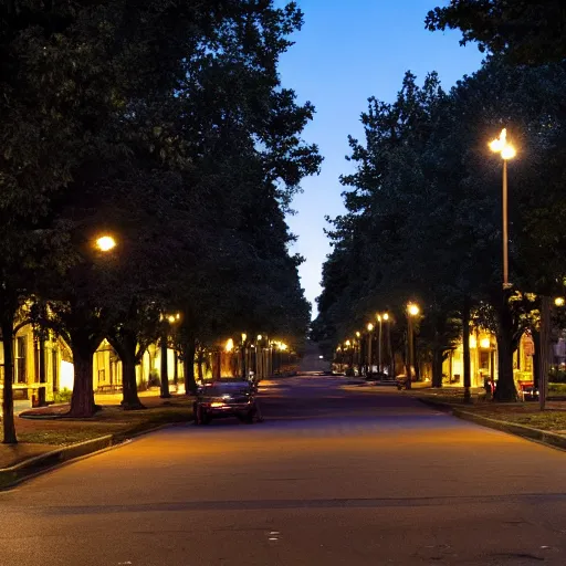 Image similar to avenue, median with trees, uptown neighborhood, neighborhood, liminal space, traffic lights, blue hour