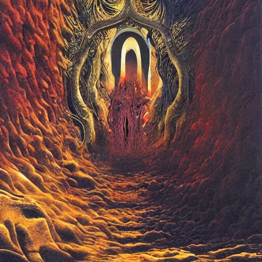 Prompt: realistic detailed image of a portal to Hell in the desert, Amano, Karol Bak, Greg Hildebrandt, and Mark Brooks, Neo-Gothic, gothic, rich deep colors. Beksinski painting, part by Adrian Ghenie and Gerhard Richter. art by Takato Yamamoto. masterpiece